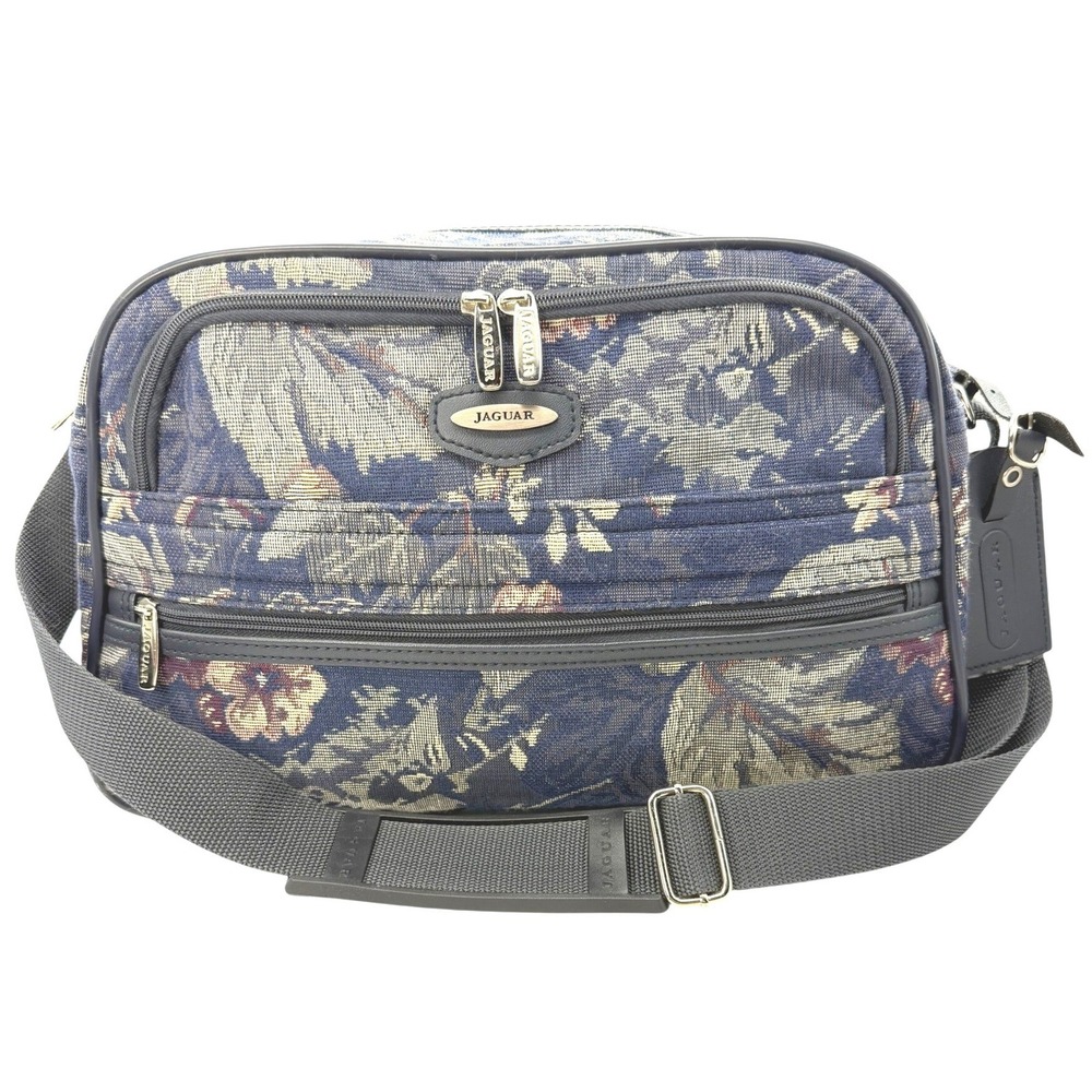 Jaguar Floral Tapestry Crossbody Bag Navy Blue Vintage Style Travel Carryall
